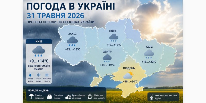 Погода в Україні 31 травня 2026: дощі, прохолода та погодні контрасти 